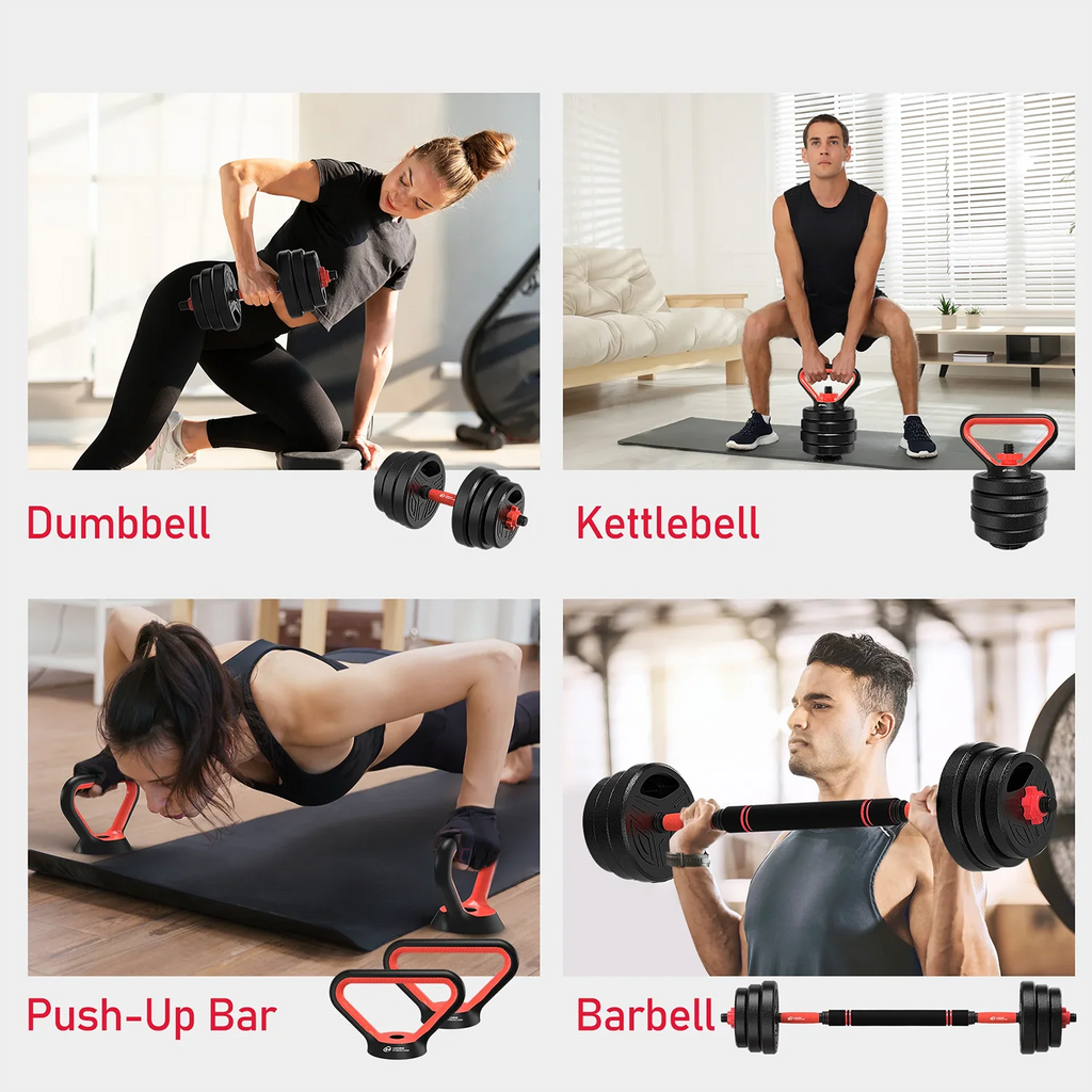 3-in-1 Dumbbells Set 20 kg Adjustable Dumbbells with Extra Barbell Bar Plastic-Coated Weight Plates Fitness Exercise Home Gym