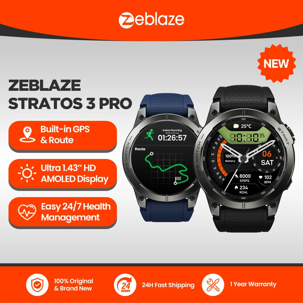 New Zeblaze Stratos 3 PRO Men’s GPS Smartwatch – 1.43” HD AMOLED, Bluetooth, Sports & Phone Calls