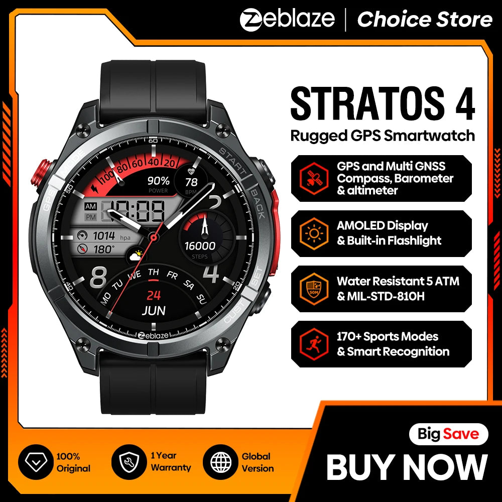 Zeblaze Stratos 4 GPS Smartwatch – 1.43" AMOLED, Compass, Altimeter, Flashlight, Voice Calling