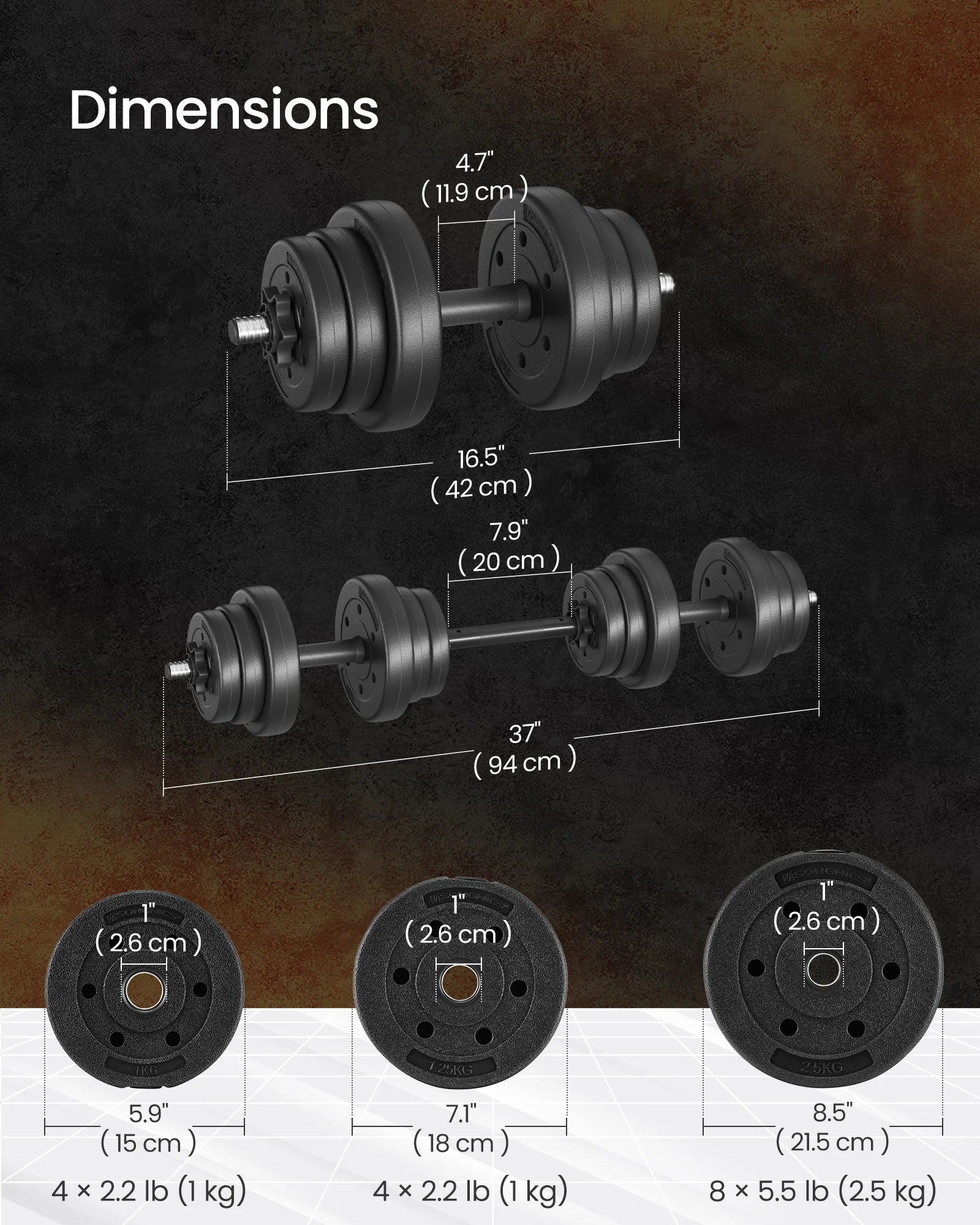 SONGMICS 2-in-1 Dumbbells Set, 2 x 10 kg Adjustable Dumbbells with Extra Barbell Bar, Plastic-Coated Weight Plates, Fitness Exer