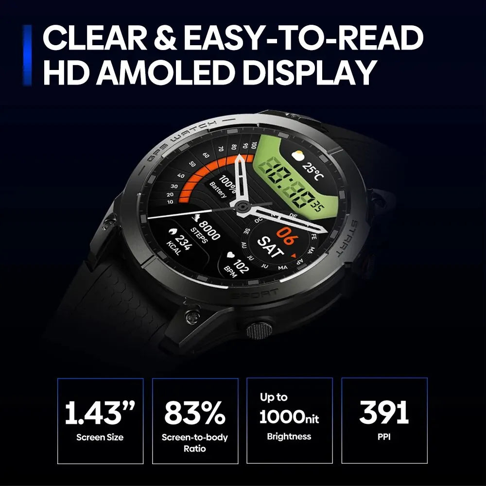 New Zeblaze Stratos 3 PRO Men’s GPS Smartwatch – 1.43” HD AMOLED, Bluetooth, Sports & Phone Calls