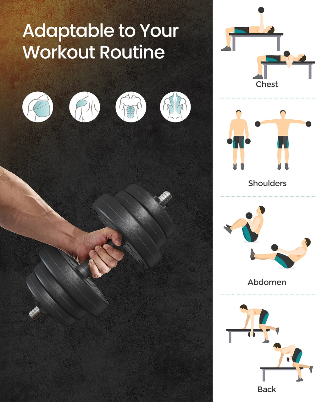 SONGMICS 2-in-1 Dumbbells Set, 2 x 10 kg Adjustable Dumbbells with Extra Barbell Bar, Plastic-Coated Weight Plates, Fitness Exer