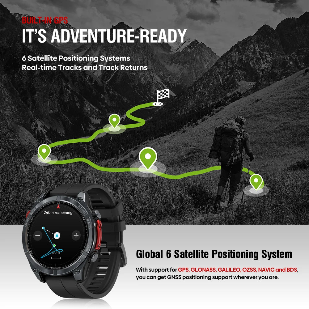 Zeblaze Stratos 4 GPS Smart Watch – 1.43” AMOLED, Compass, Altimeter, Voice Call, Flashlight