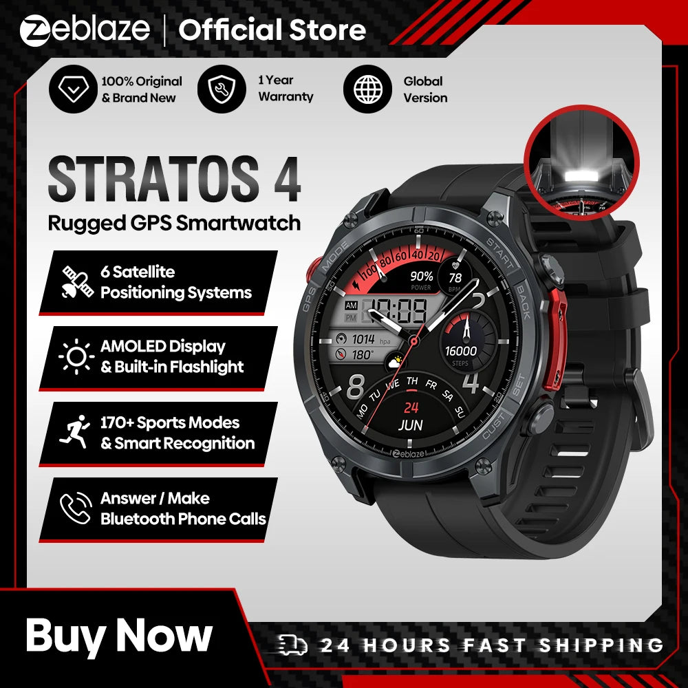Zeblaze Stratos 4 GPS Smart Watch – 1.43” AMOLED, Compass, Altimeter, Voice Call, Flashlight