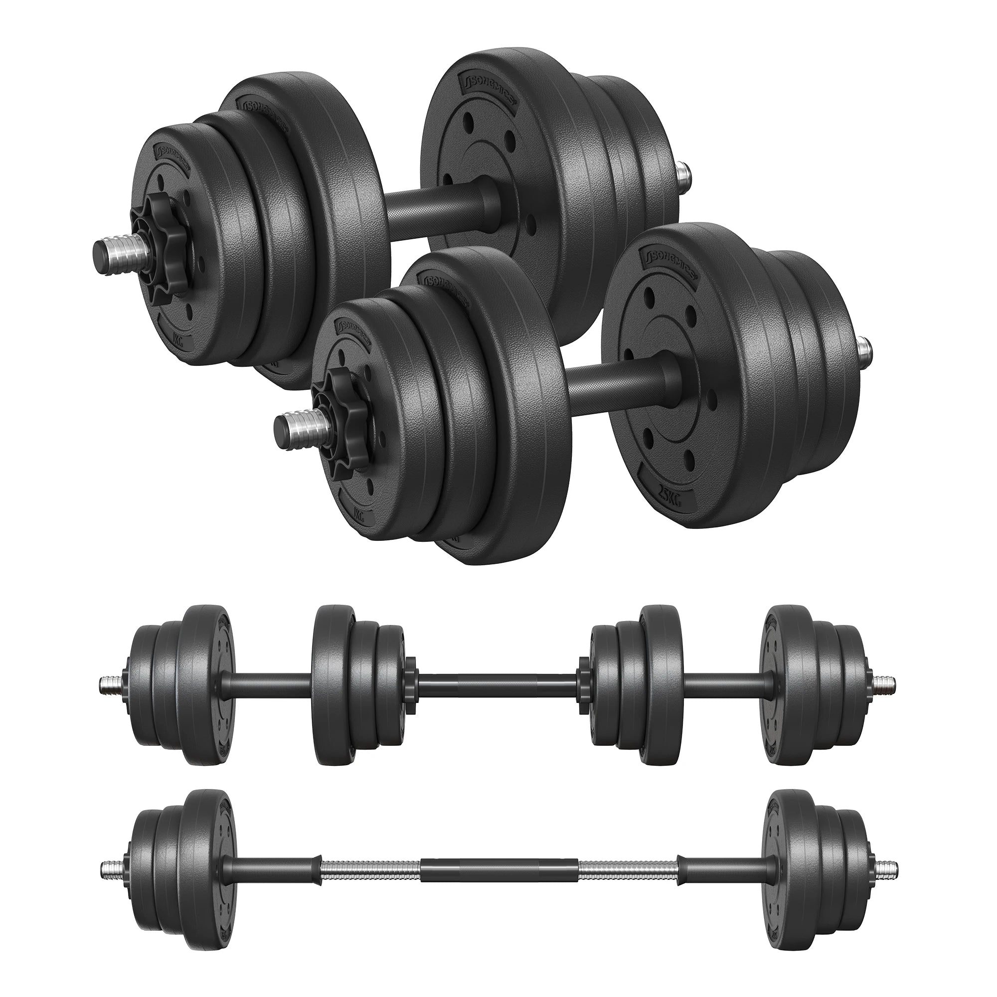 SONGMICS 2-in-1 Dumbbells Set, 2 x 10 kg Adjustable Dumbbells with Extra Barbell Bar, Plastic-Coated Weight Plates, Fitness Exer